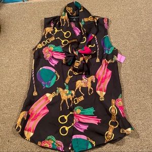 Lauren by RL Pussybow Button Up Tank Graphic Sz 2